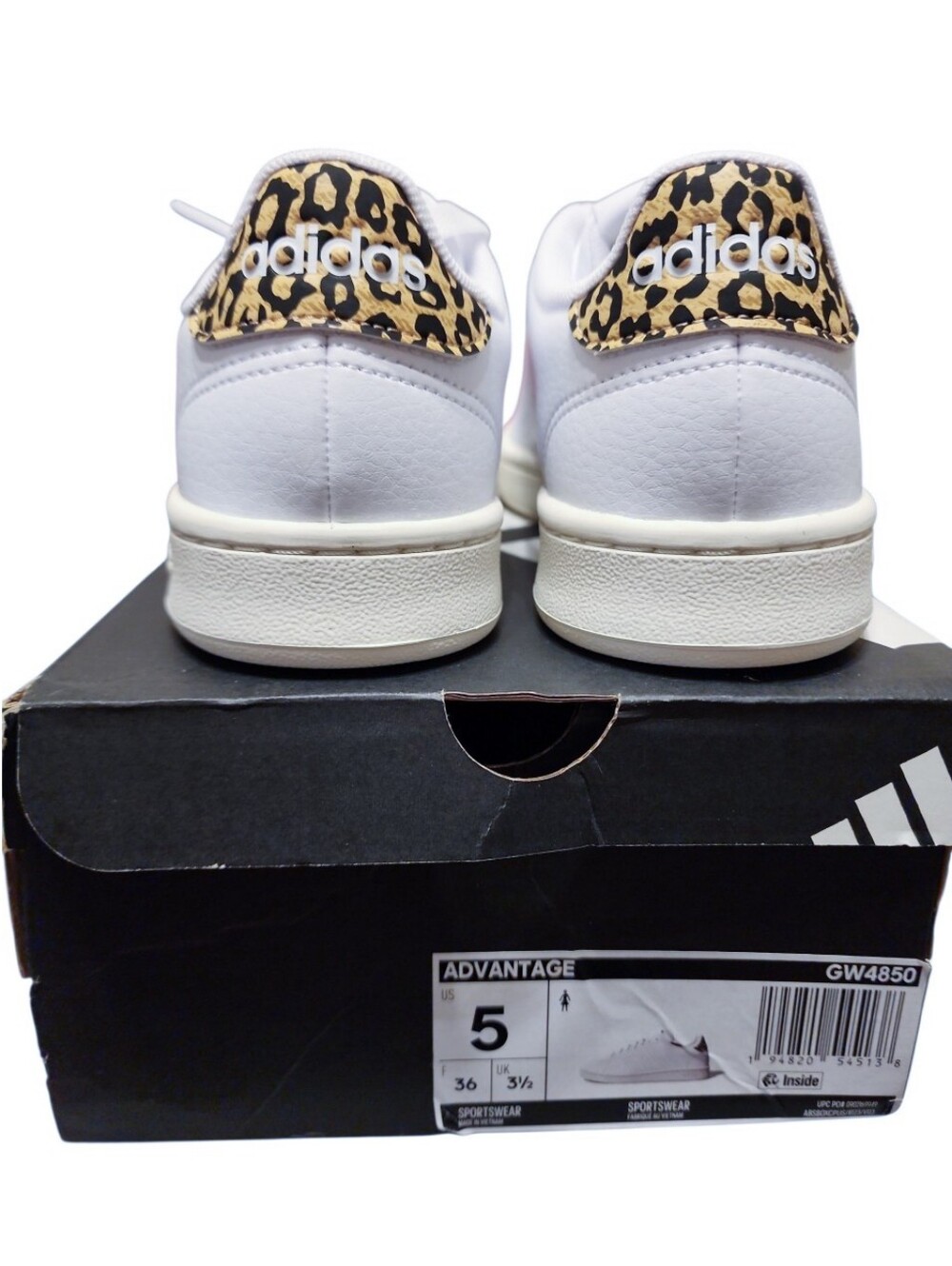 Adidas Advantage Clean White Leather Sneakers with Cheetah Print